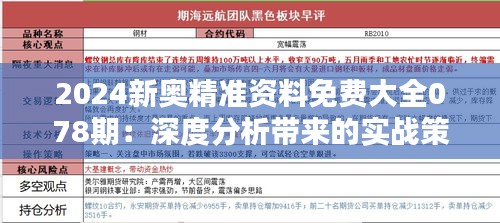 2024新奥精准资料免费大全078期：深度分析带来的实战策略与预测