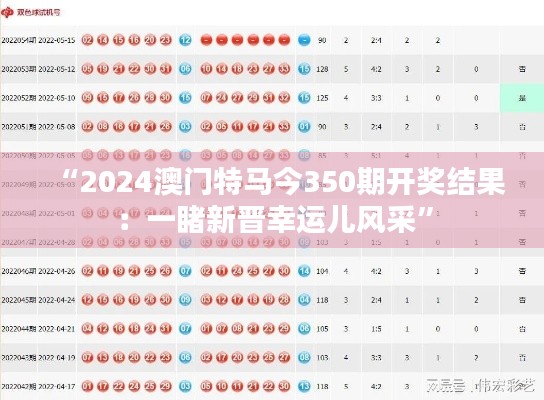 “2024澳门特马今350期开奖结果：一睹新晋幸运儿风采”