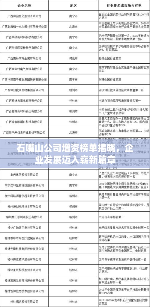 石嘴山公司增资榜单揭晓，企业发展迈入崭新篇章
